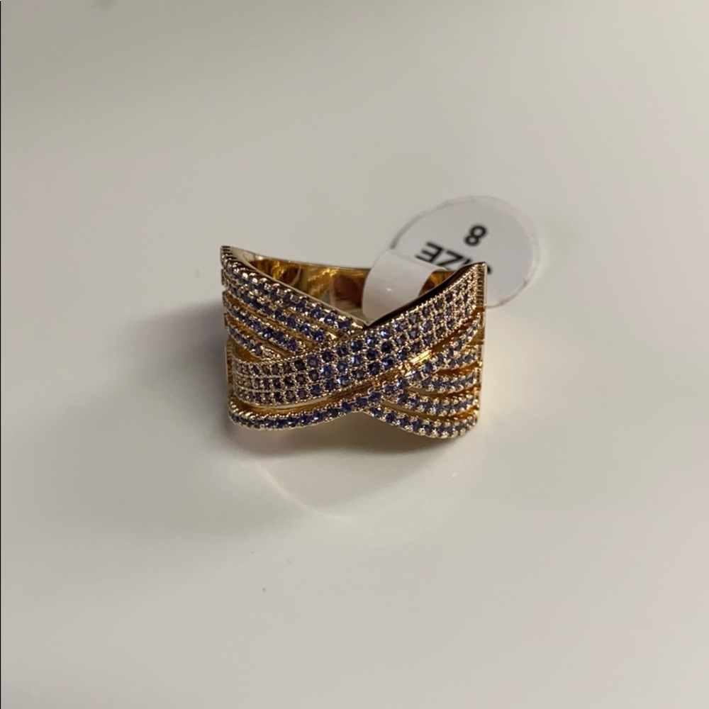 Gold X Ring with blue rhinestones